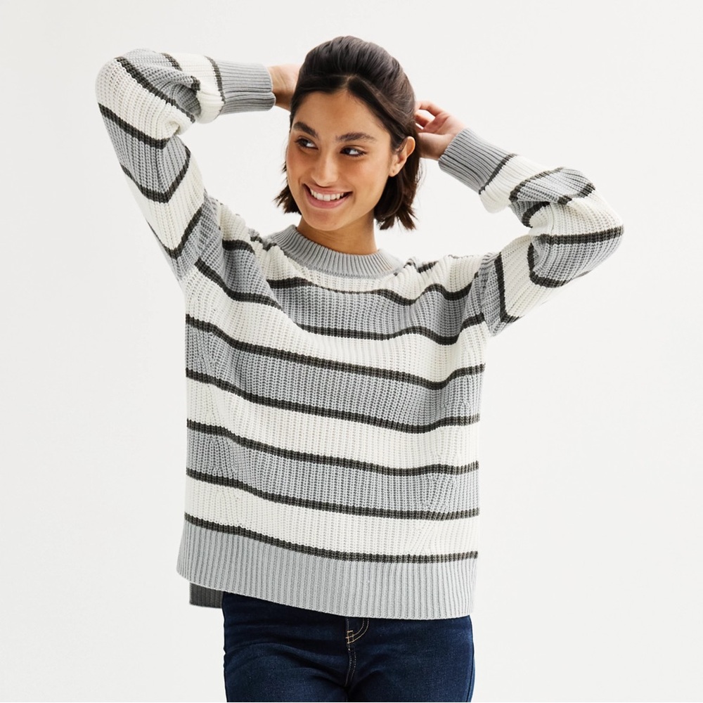 Striped Gray and White Sweater so nearly new condition very warm.